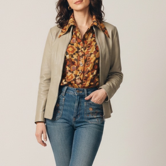 VTG 70s Cream Leather Cafe Racer Jacket UK Small Made in England - Picture 11 of 16